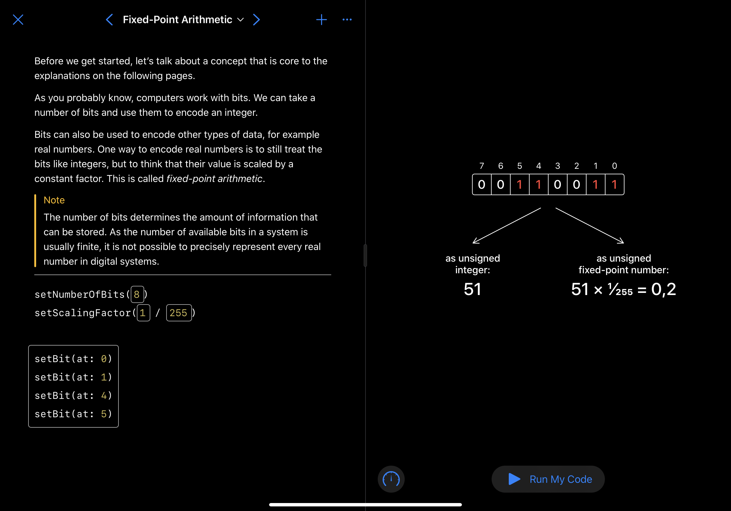 Screenshot of the fixed-point arithmetic page