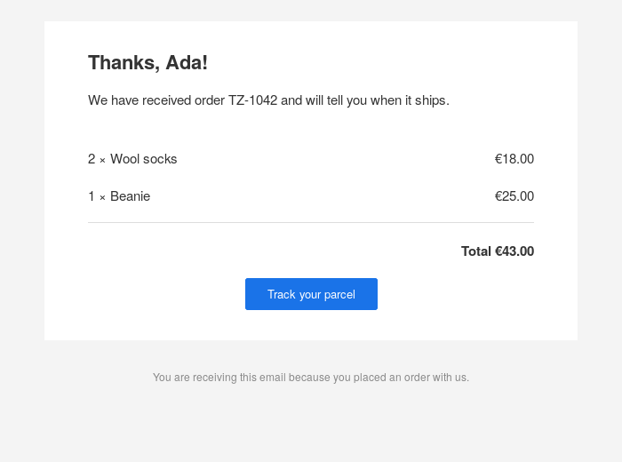 The order confirmation in a desktop mail client
