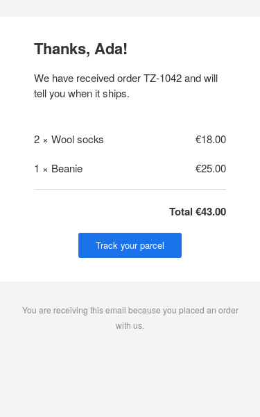 The same email on a phone: narrower, with item names and prices still side by side