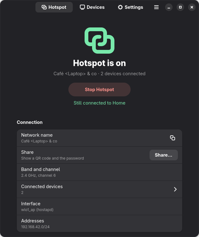 twinfi desktop app: hotspot running while Wi-Fi stays connected