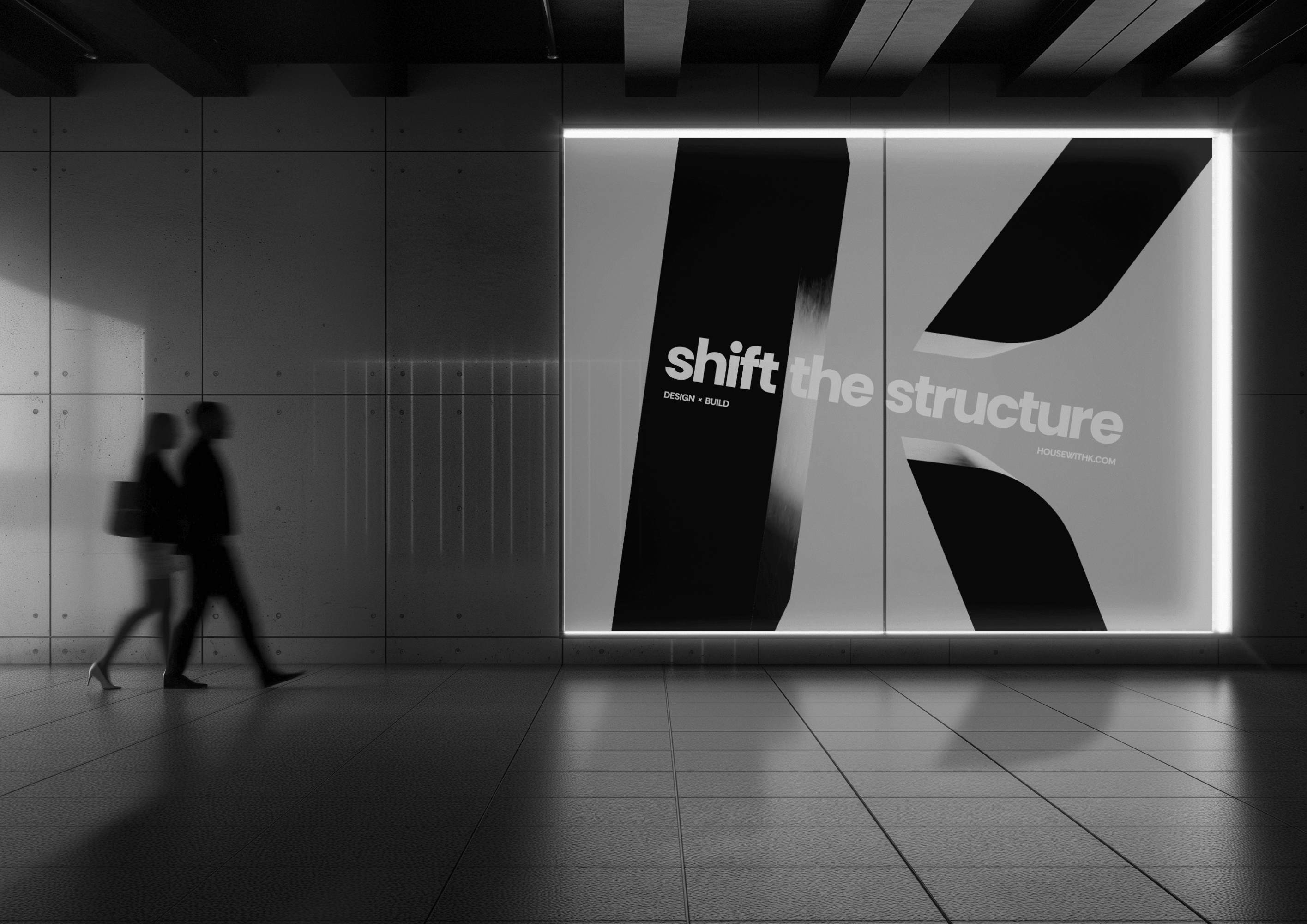HOUSE WITH K의 슬로건 'Shift the Structure'와 심볼 로고 'K'가 적용된 대형 옥외광고(OOH) 디자인