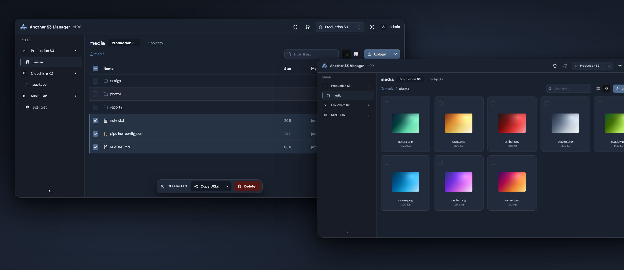 Another S3 Manager — file browser with bulk actions and a grid view with live image previews