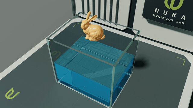A freely falling Stanford bunny splashing into MLS-MPM water in a glass tank