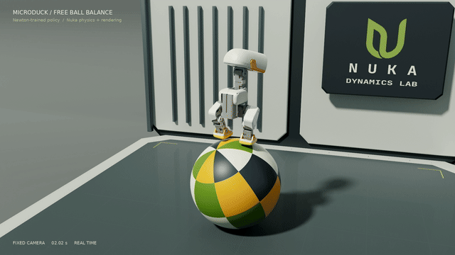 Microduck taking alternating steps while balancing on a freely rolling ball in Nuka Dynamics Lab