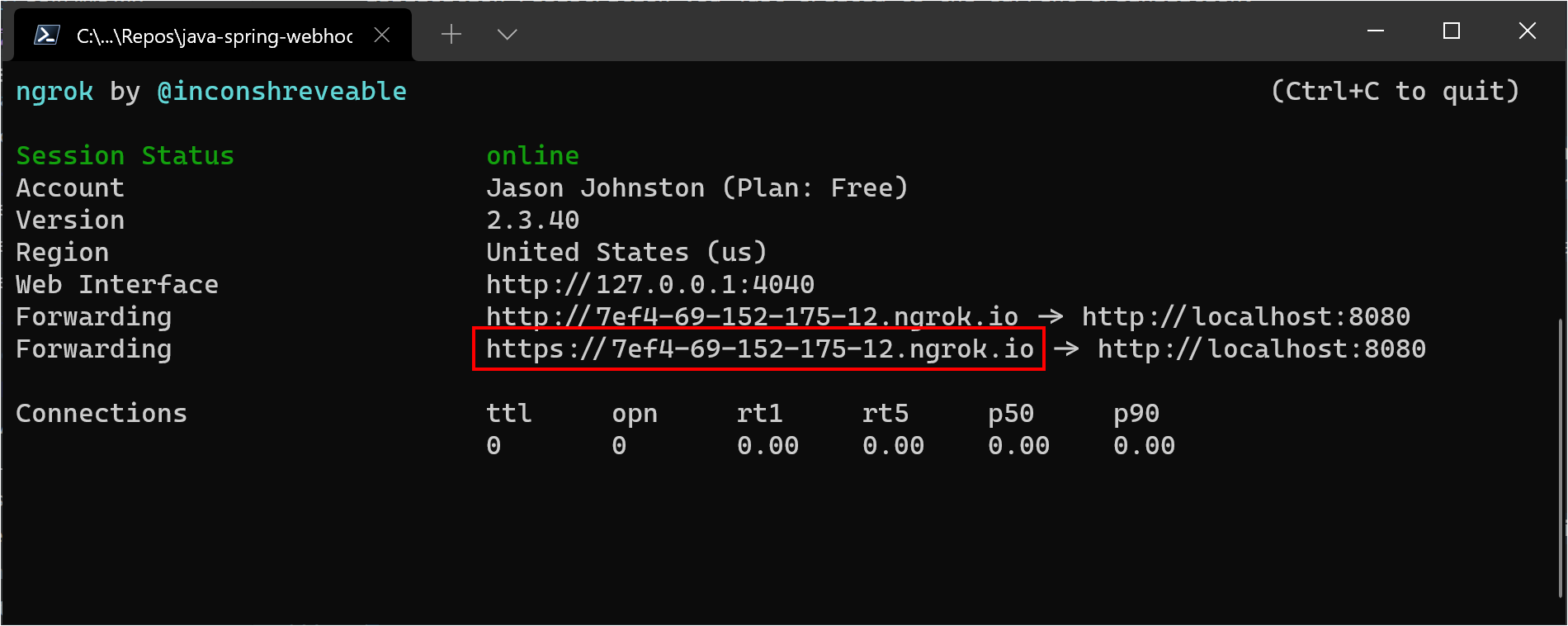 The forwarding HTTPS URL in the ngrok console