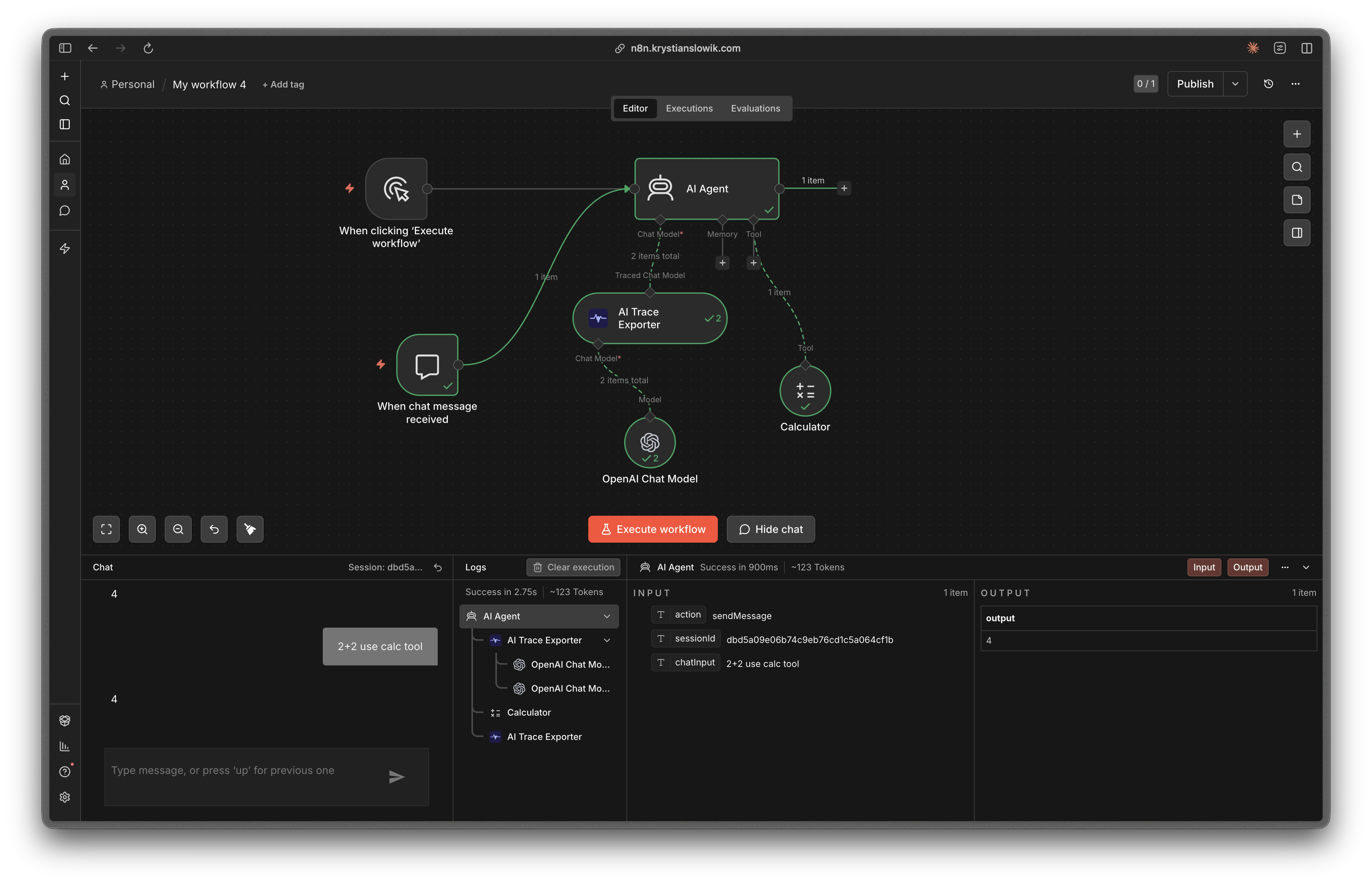 AI Trace Exporter connected between an OpenAI Chat Model and an AI Agent in n8n