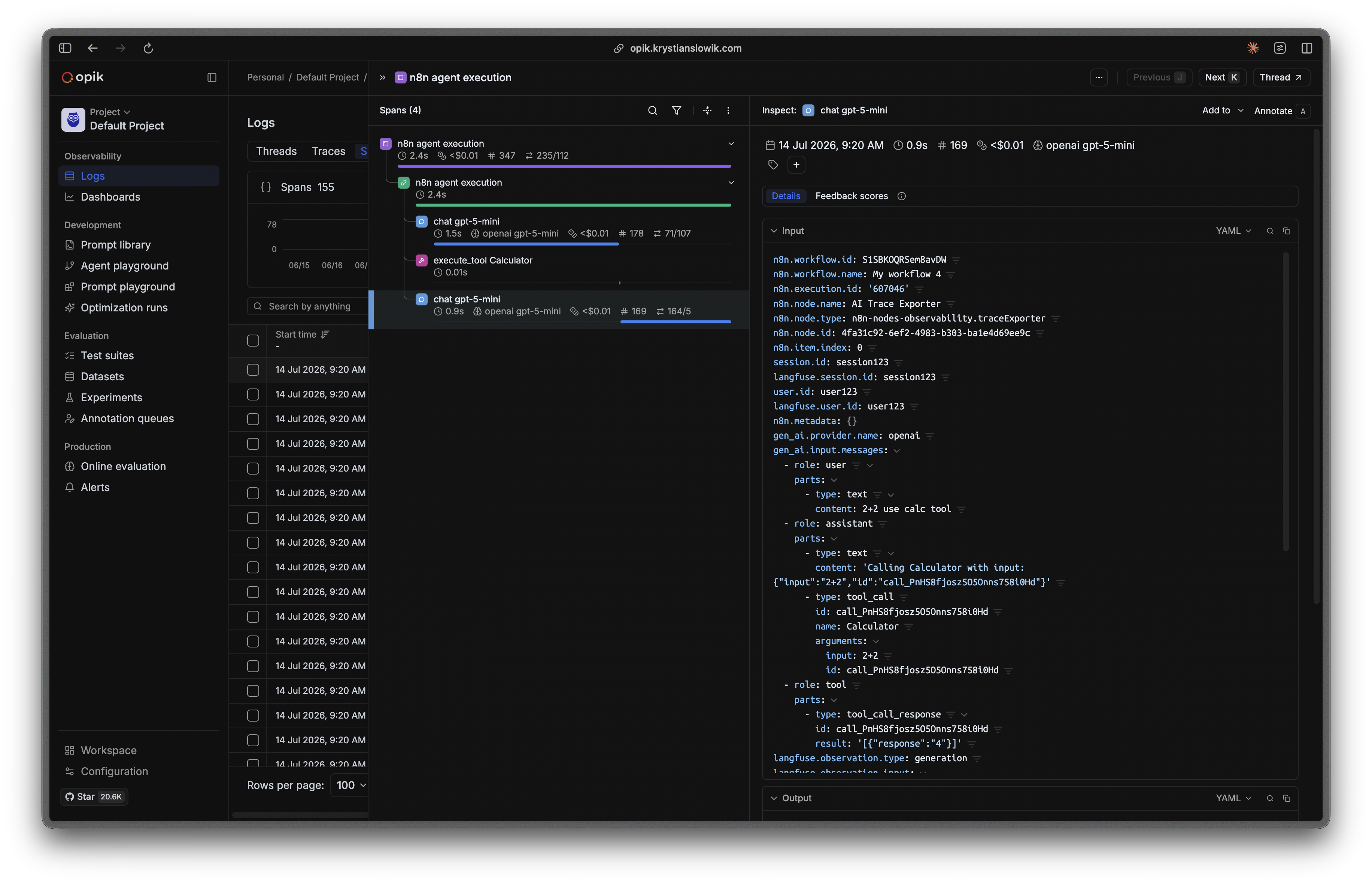 An n8n AI Agent trace in Opik with two model calls and a Calculator tool call