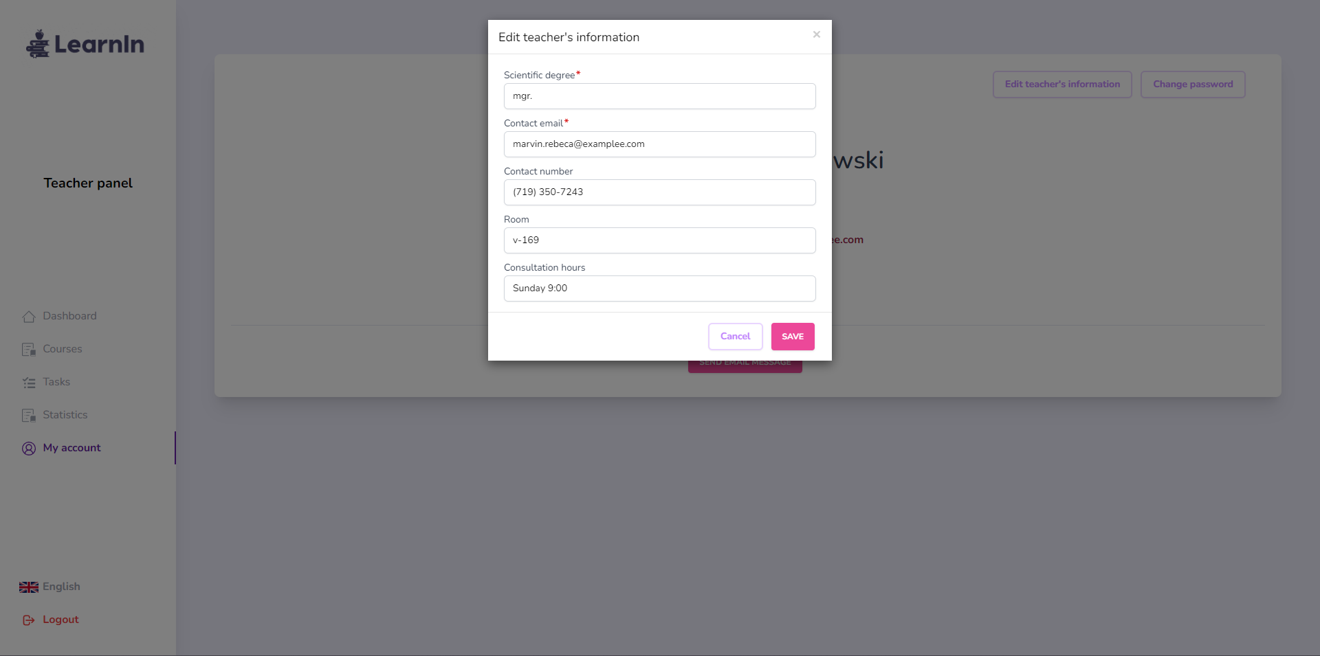 teacher information edit modal