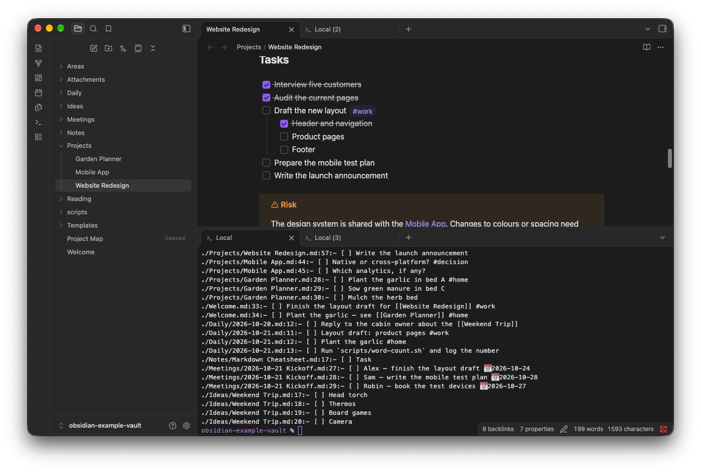 Terminal Tabs: a note above, terminal tabs below