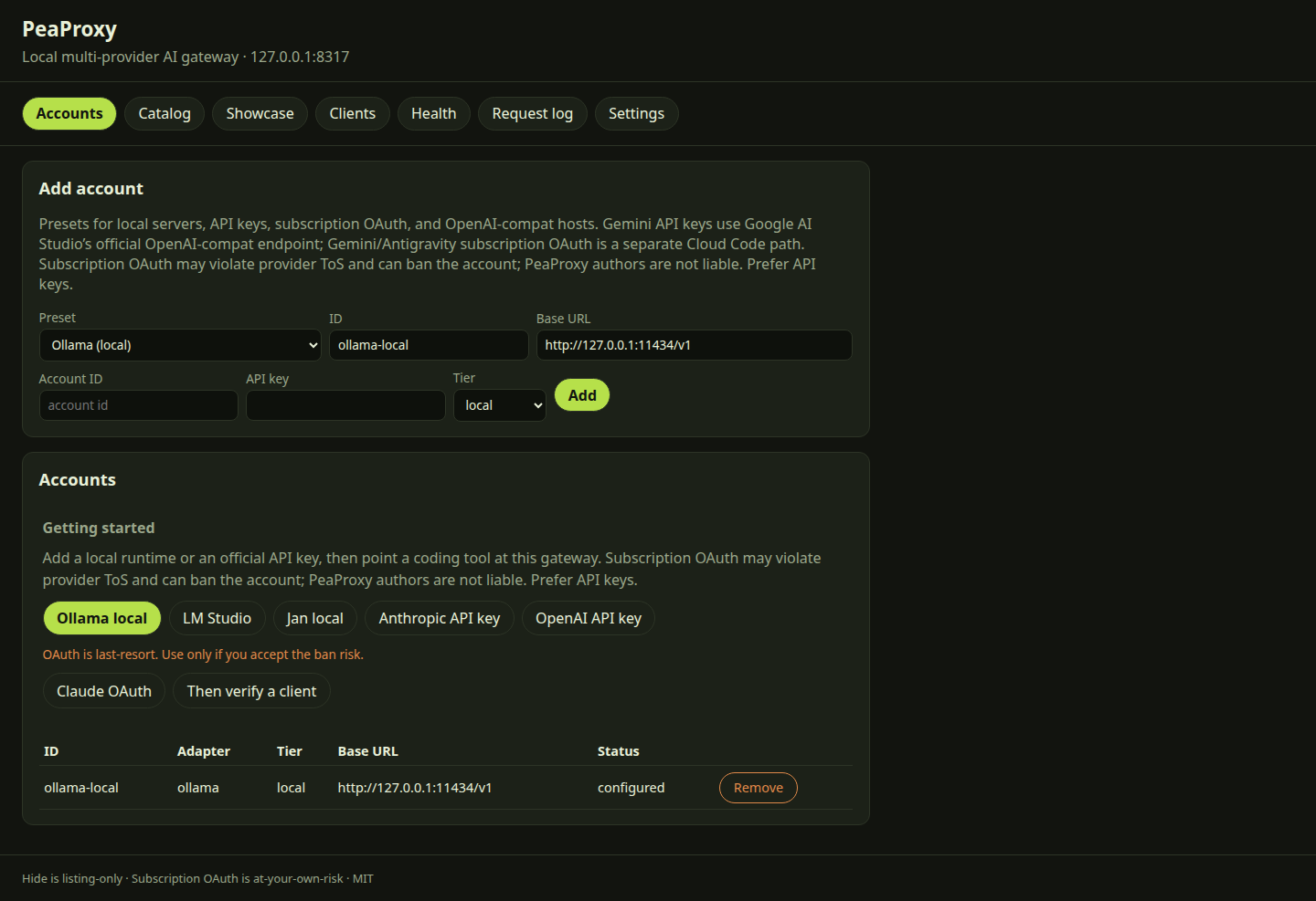 PeaProxy Accounts tab with local and API-key onboarding CTAs first