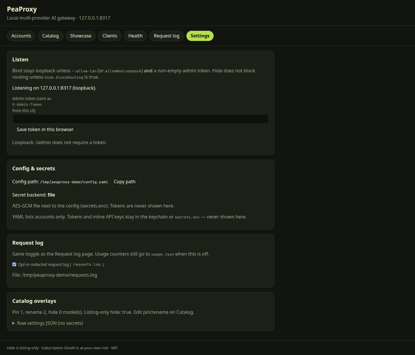 PeaProxy Settings showing loopback bind and secret backend