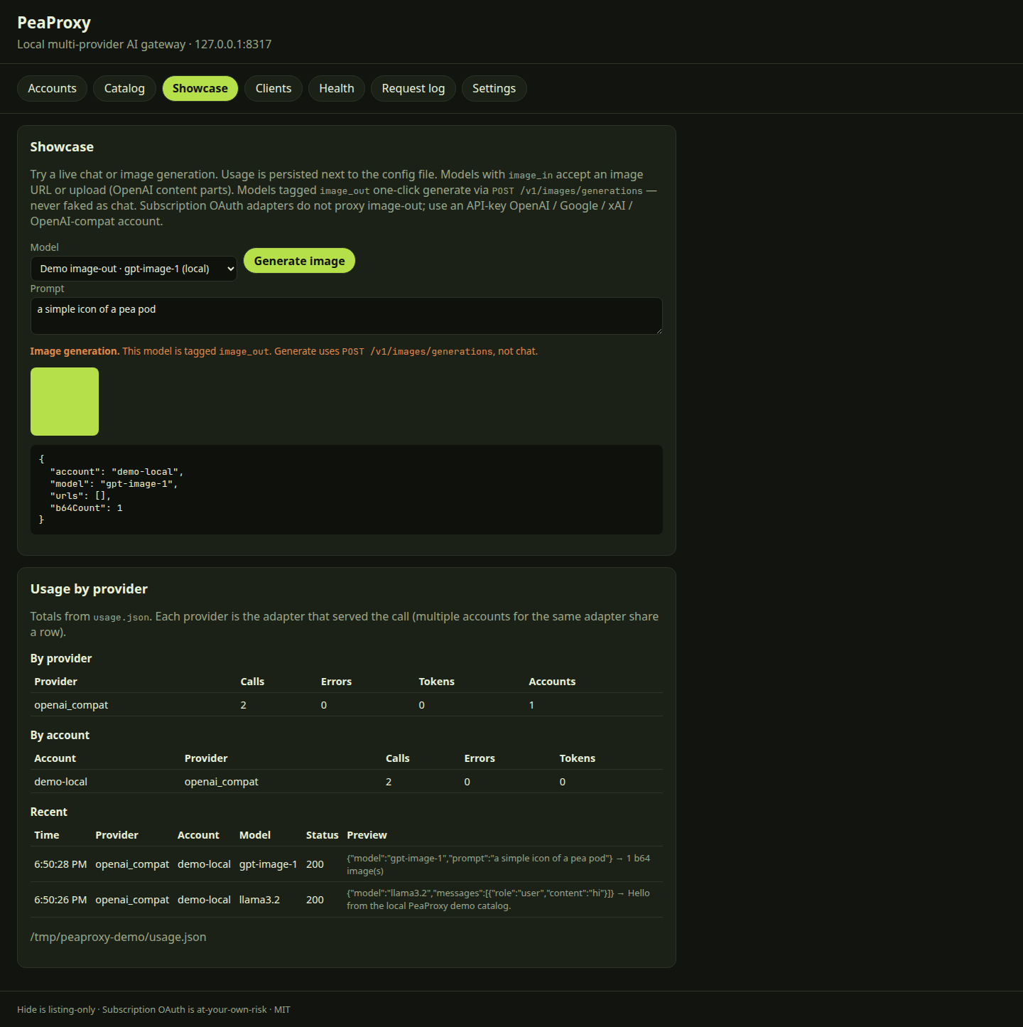 PeaProxy Showcase generating an image via POST /v1/images/generations