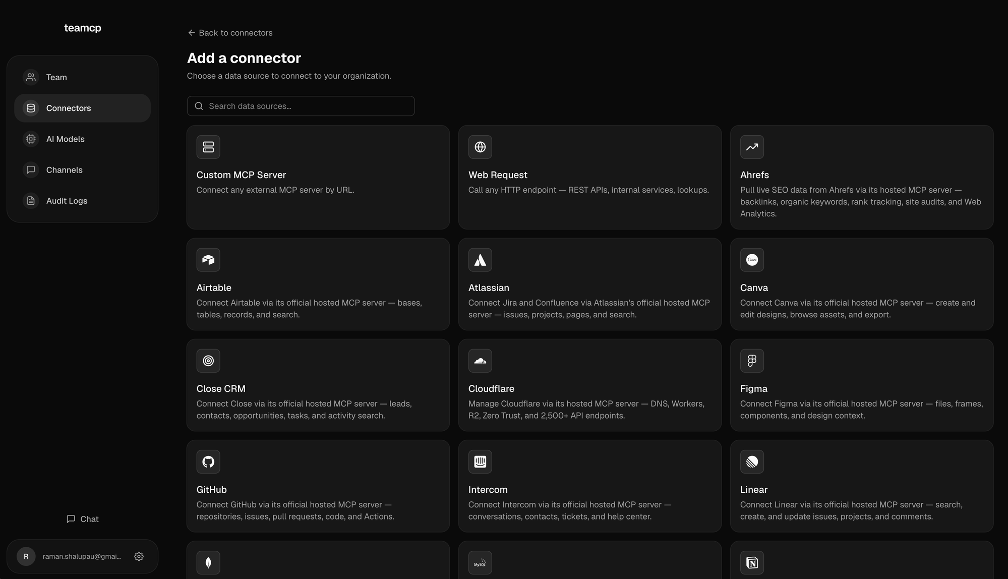 Connector gallery with Ahrefs, Airtable, Atlassian, GitHub, Linear, and more