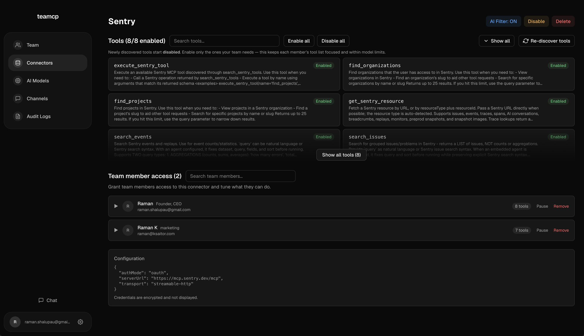 Sentry connector page showing enabled tools and per-member access