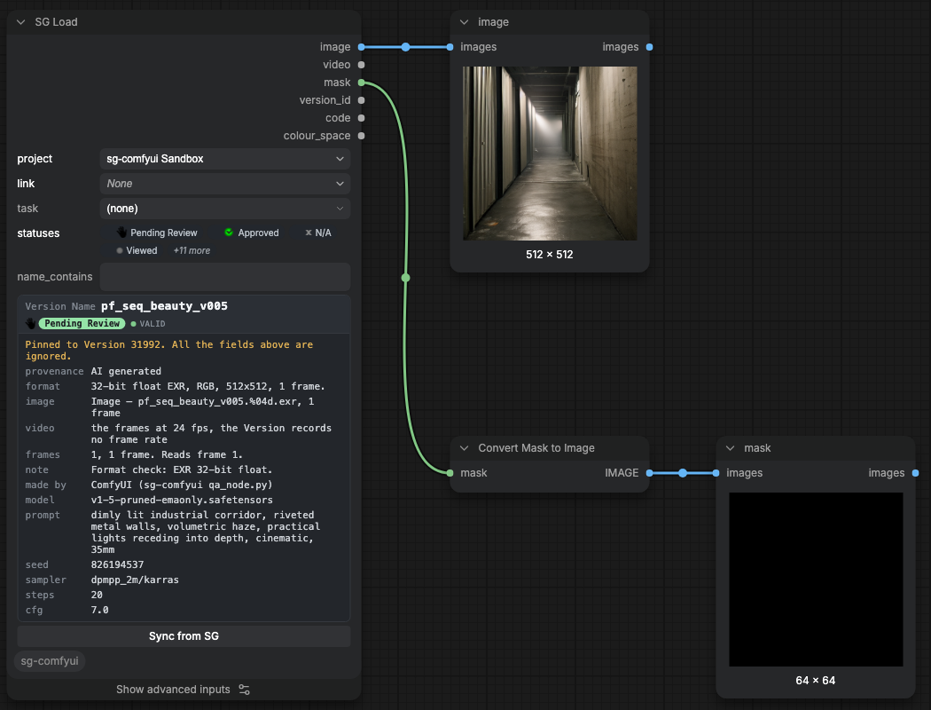SG Load on an EXR Version: the format line, the provenance it records, the image and the mask