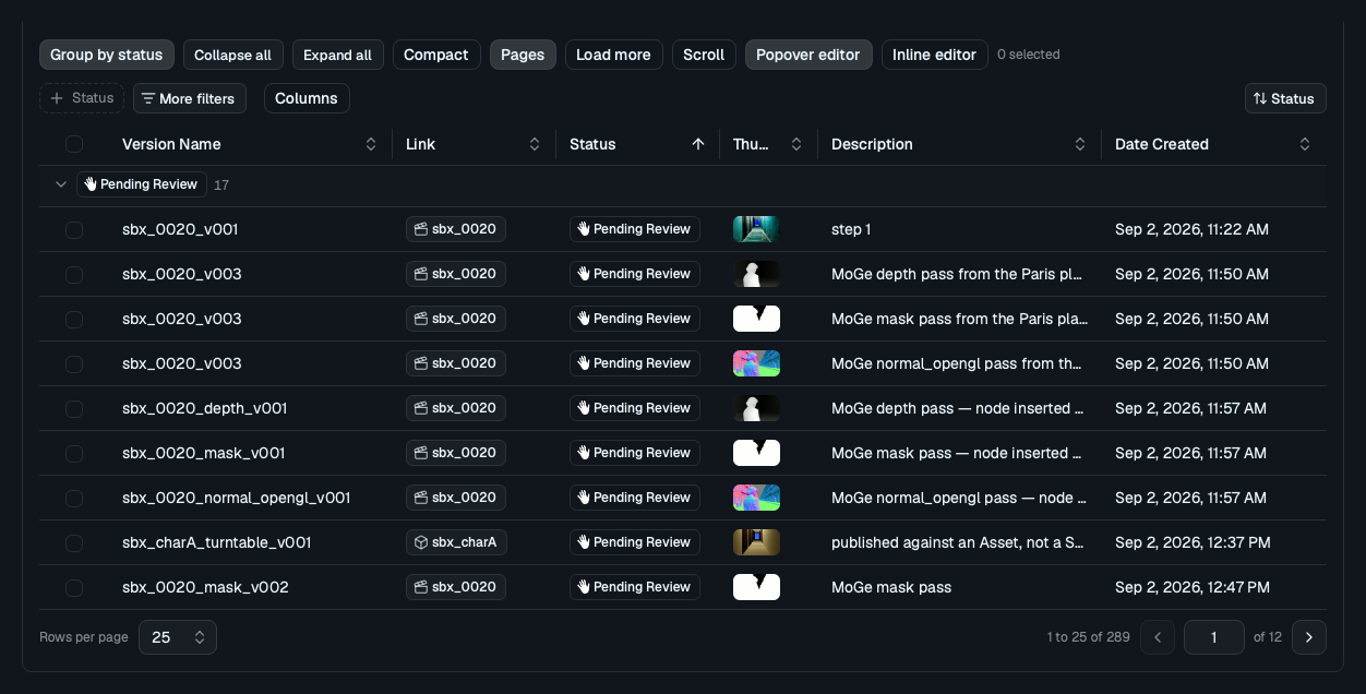 The entity table in the dark theme