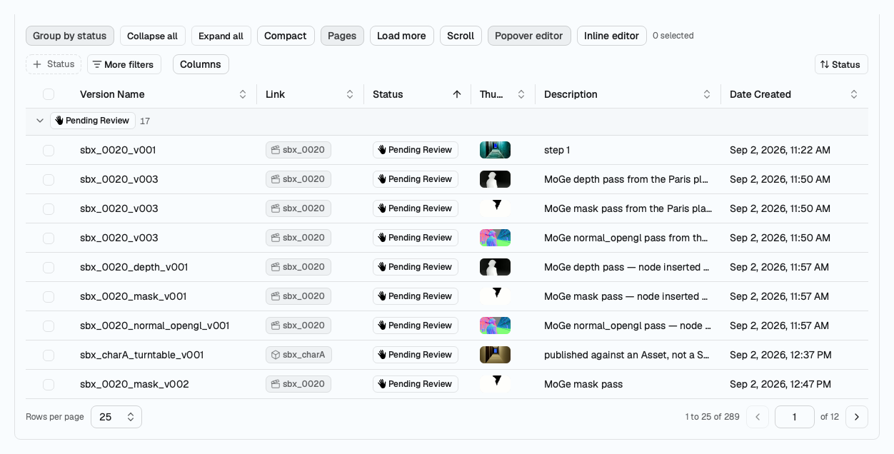 An entity table grouped by status, with status badges and thumbnails