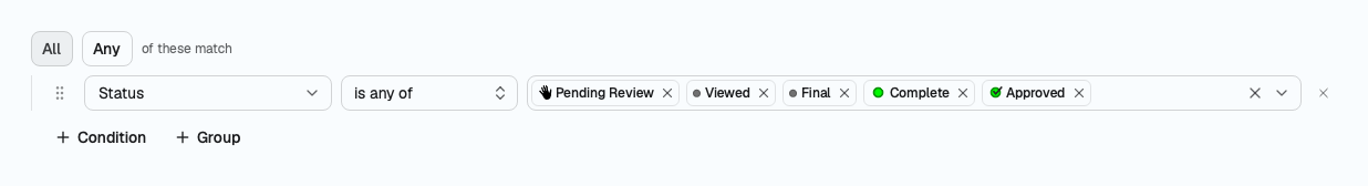 A filter editor holding one status condition