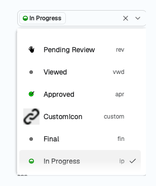 A status picker open on the statuses of one project