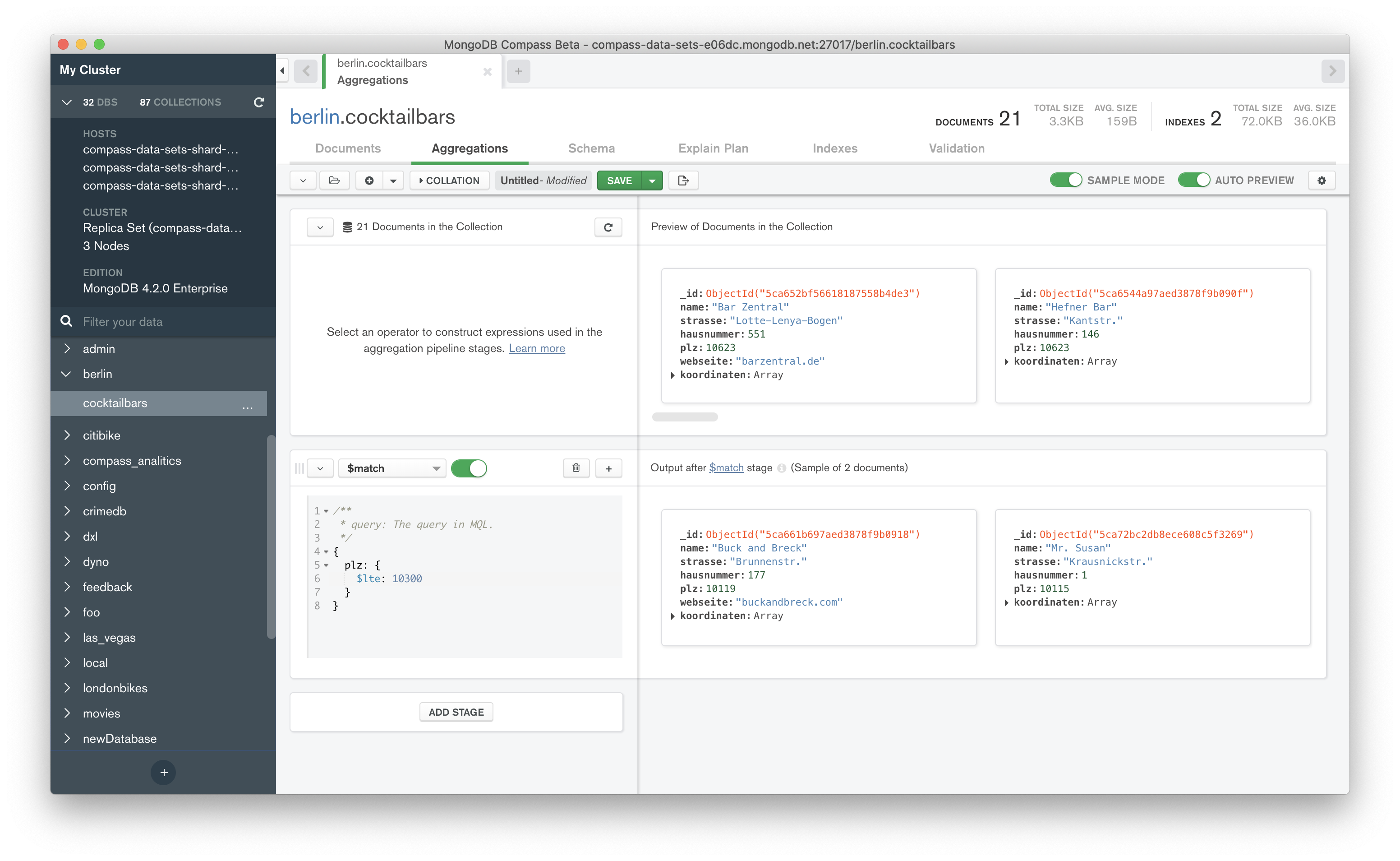 Aggregation Pipeline Builder Tab in Compass