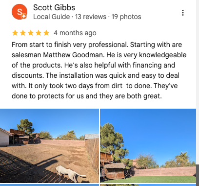 Scott Gibbs 5-star Google review of US Turf: From start to finish very professional. Matthew Goodman helpful with financing and discounts. Two-day install.