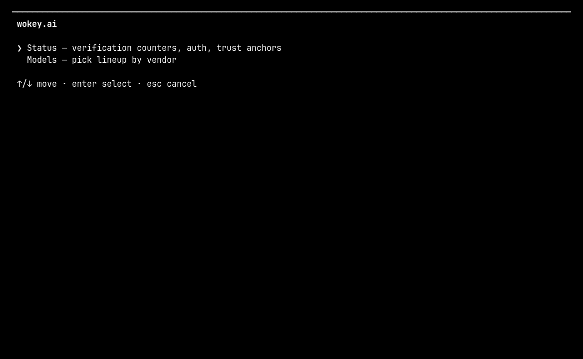 wokey.ai panels: model selector with vendor tabs, status with a clean session, a failed verification, and a paged error log