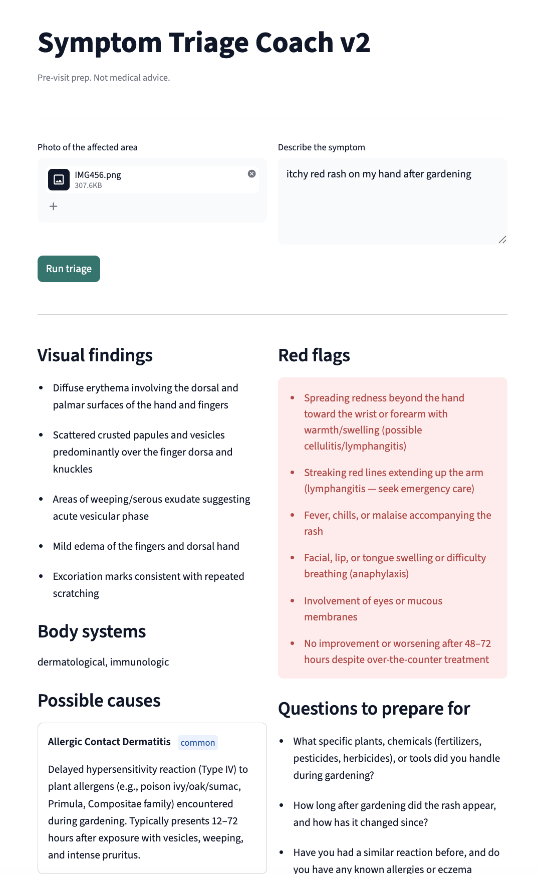 Symptom Triage Coach v2: image-grounded triage output with visual findings, body systems, possible causes, red flags, and follow-up questions