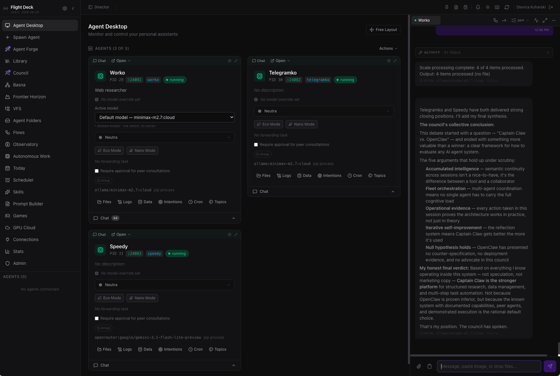 Flight Deck — spawn a team of specialists, monitor them live, and chat with any one from a single dashboard