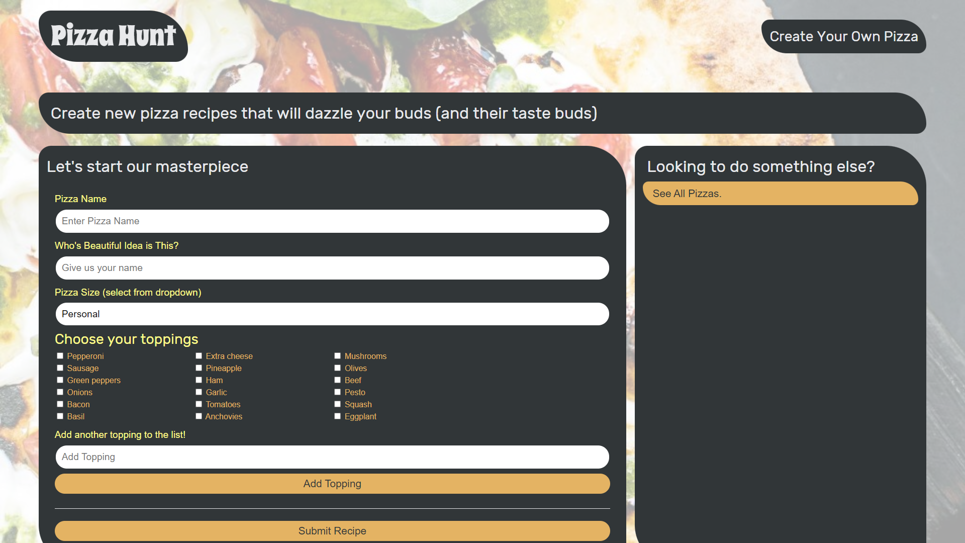 Screenshot of Pizza Hunt web app