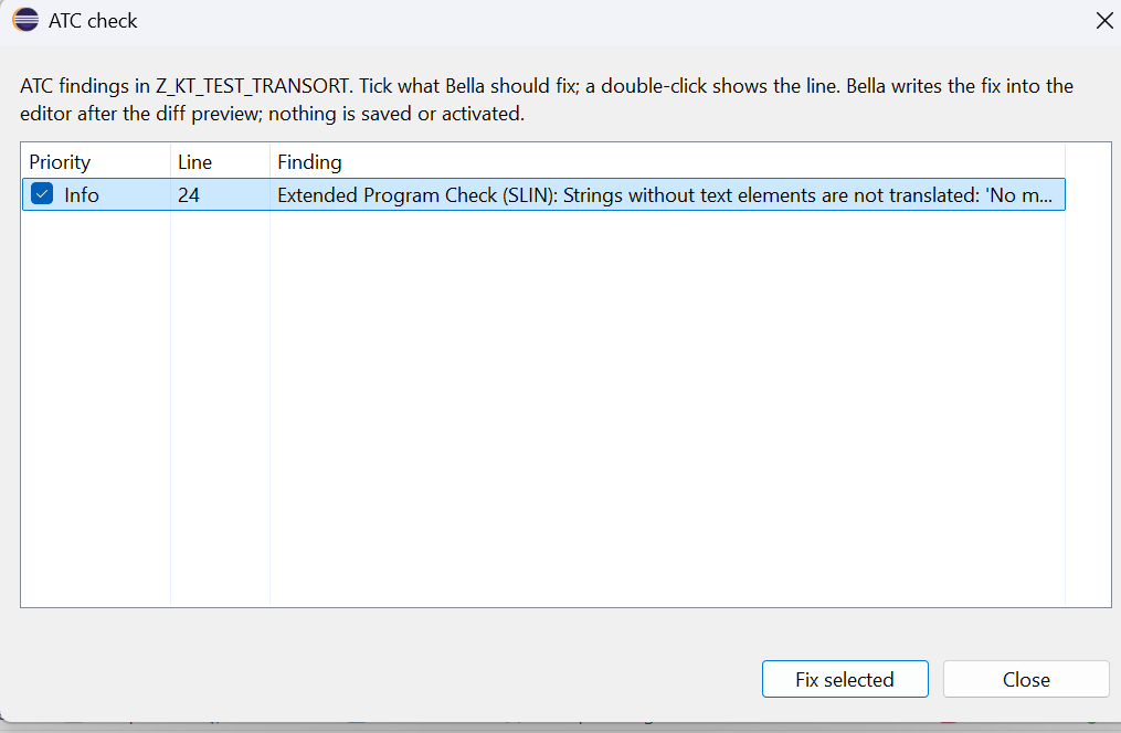 Dialog 'ATC check' with the findings of a report, sorted by priority, each with a tick box