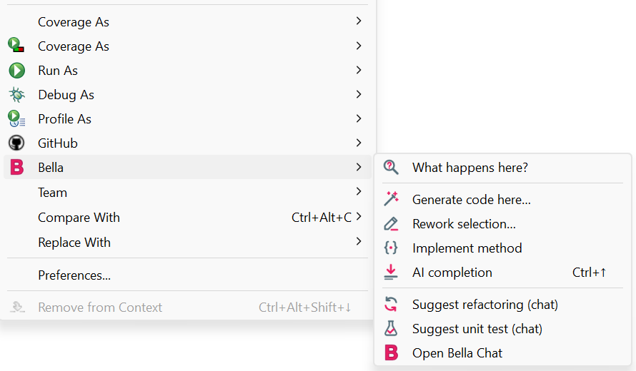 Right-click in the ABAP editor: submenu Bella with its actions