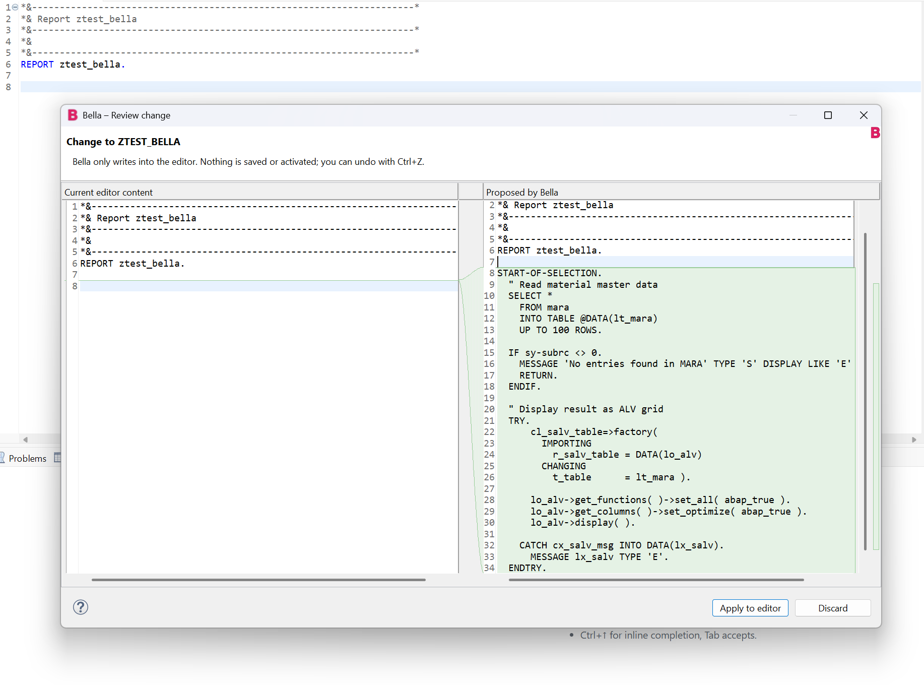 Bella shows a diff preview before it writes generated code into the ABAP editor
