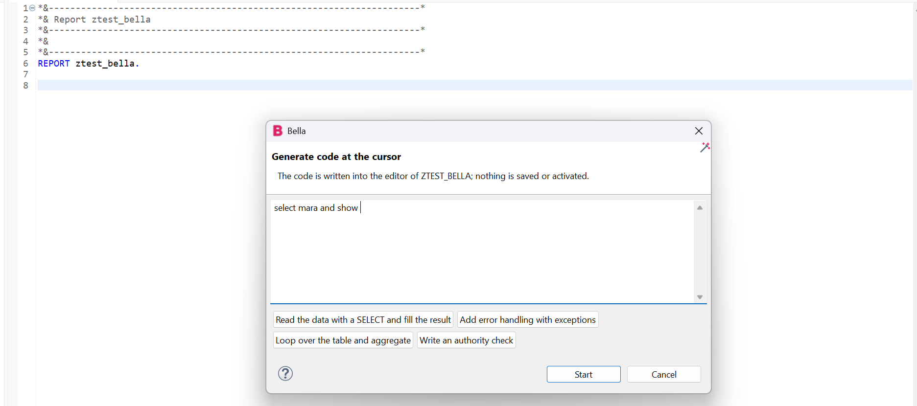 Dialog 'Generate code at the cursor' with suggestions