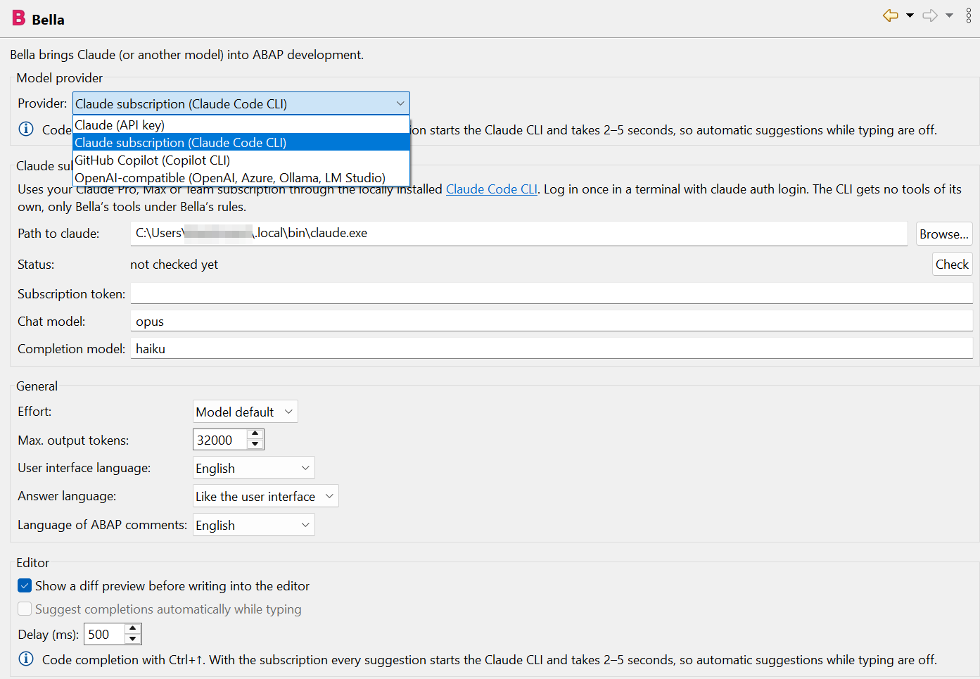 Bella preferences with the provider drop-down (Claude API key, Claude subscription, GitHub Copilot, OpenAI-compatible) and the Claude subscription settings