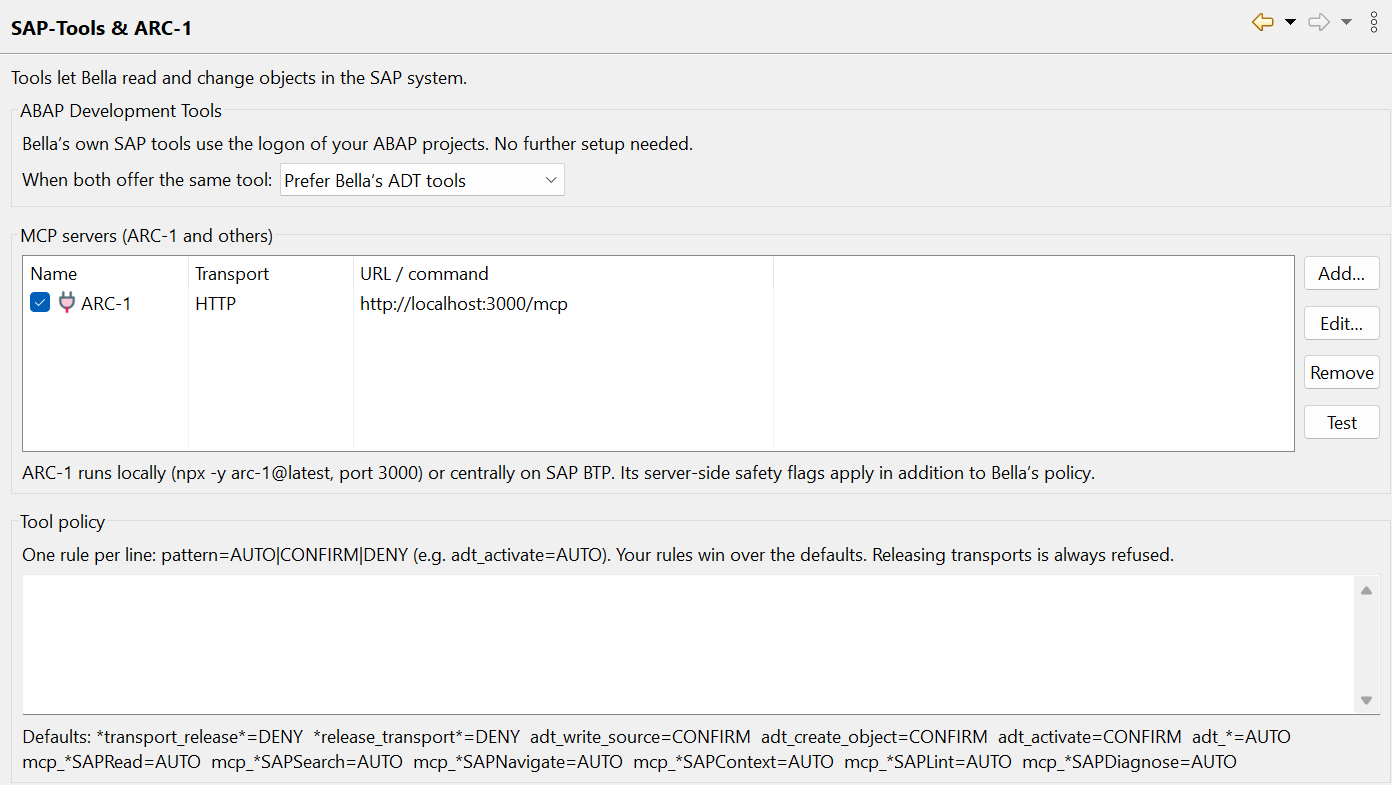 Preferences page SAP-Tools and ARC-1 with MCP servers and tool policy