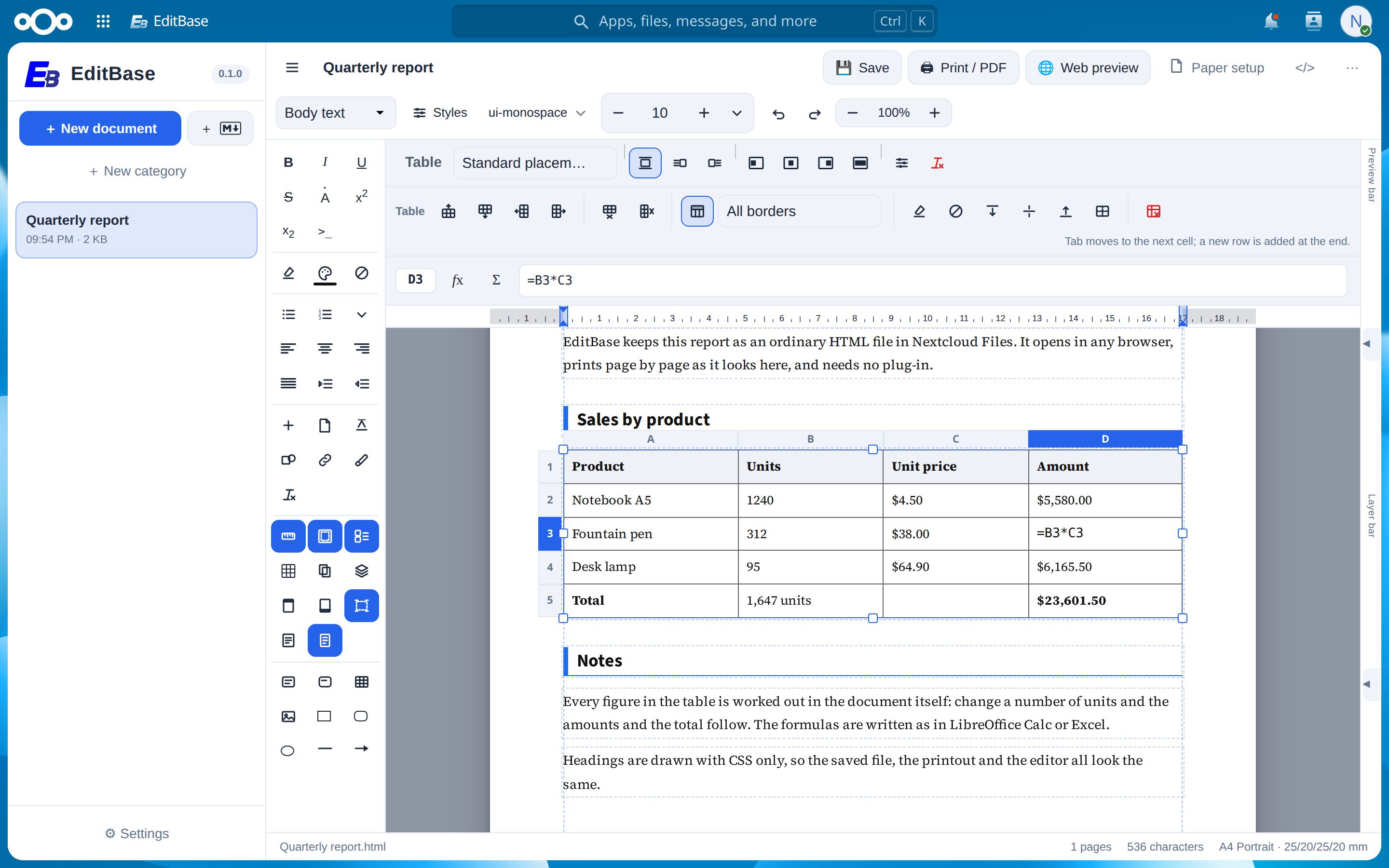 Tables that calculate, with a formula bar