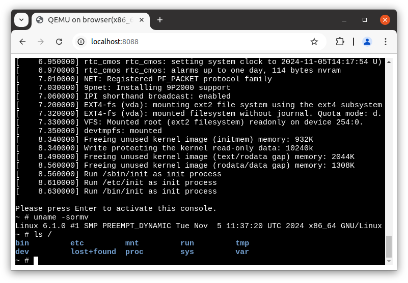 Running QEMU on browser