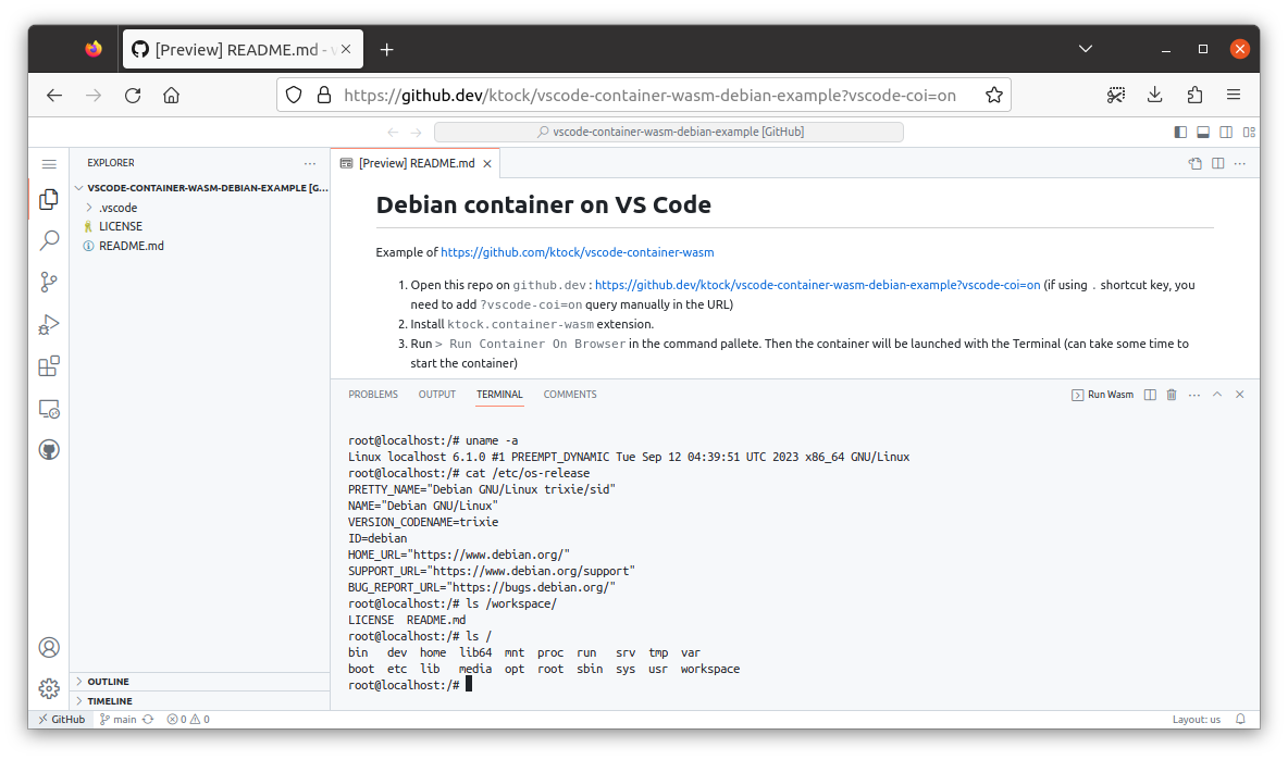 Debian Container on browser