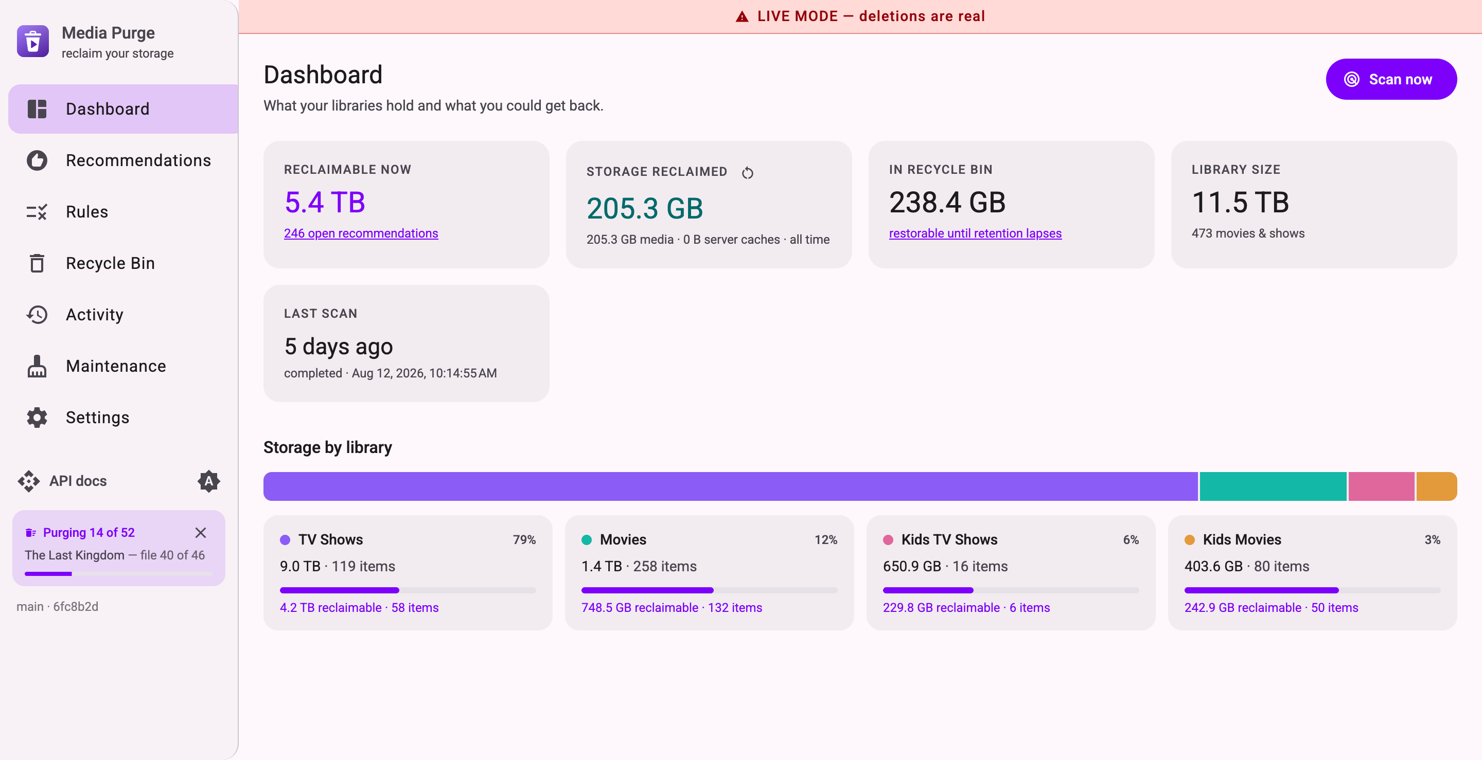 Media Purge dashboard — reclaimable storage, per-library breakdown, and a live purge in progress