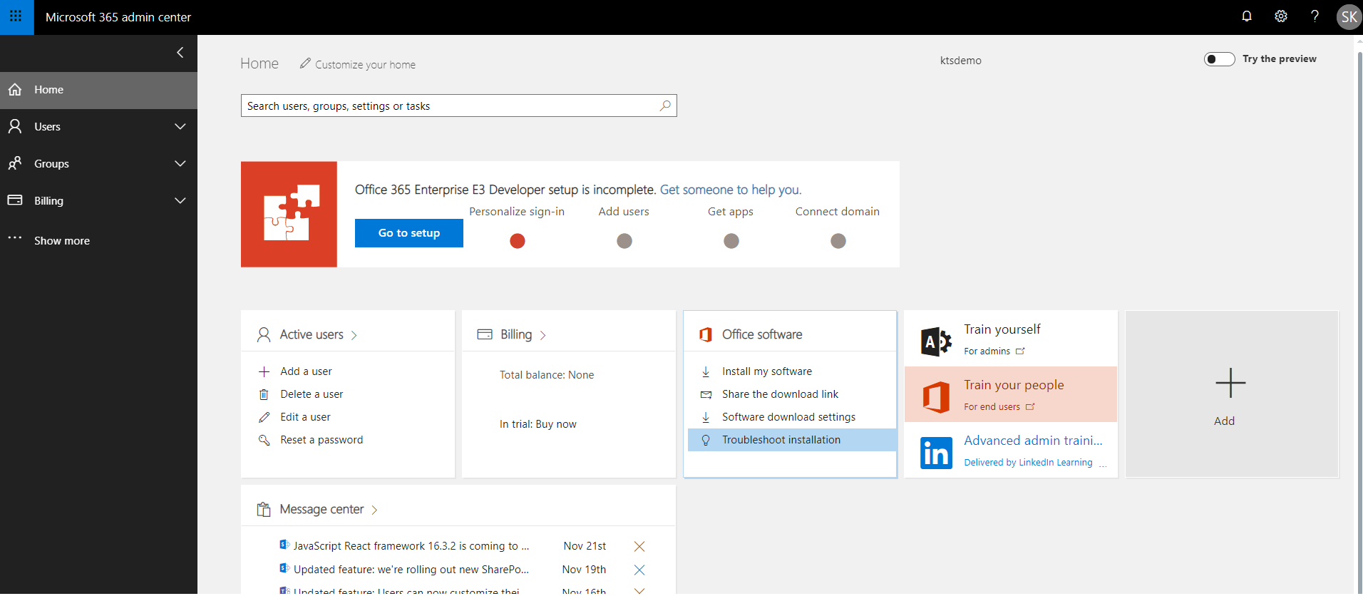 Manage Dashboard in Microsoft 365 Admin Center