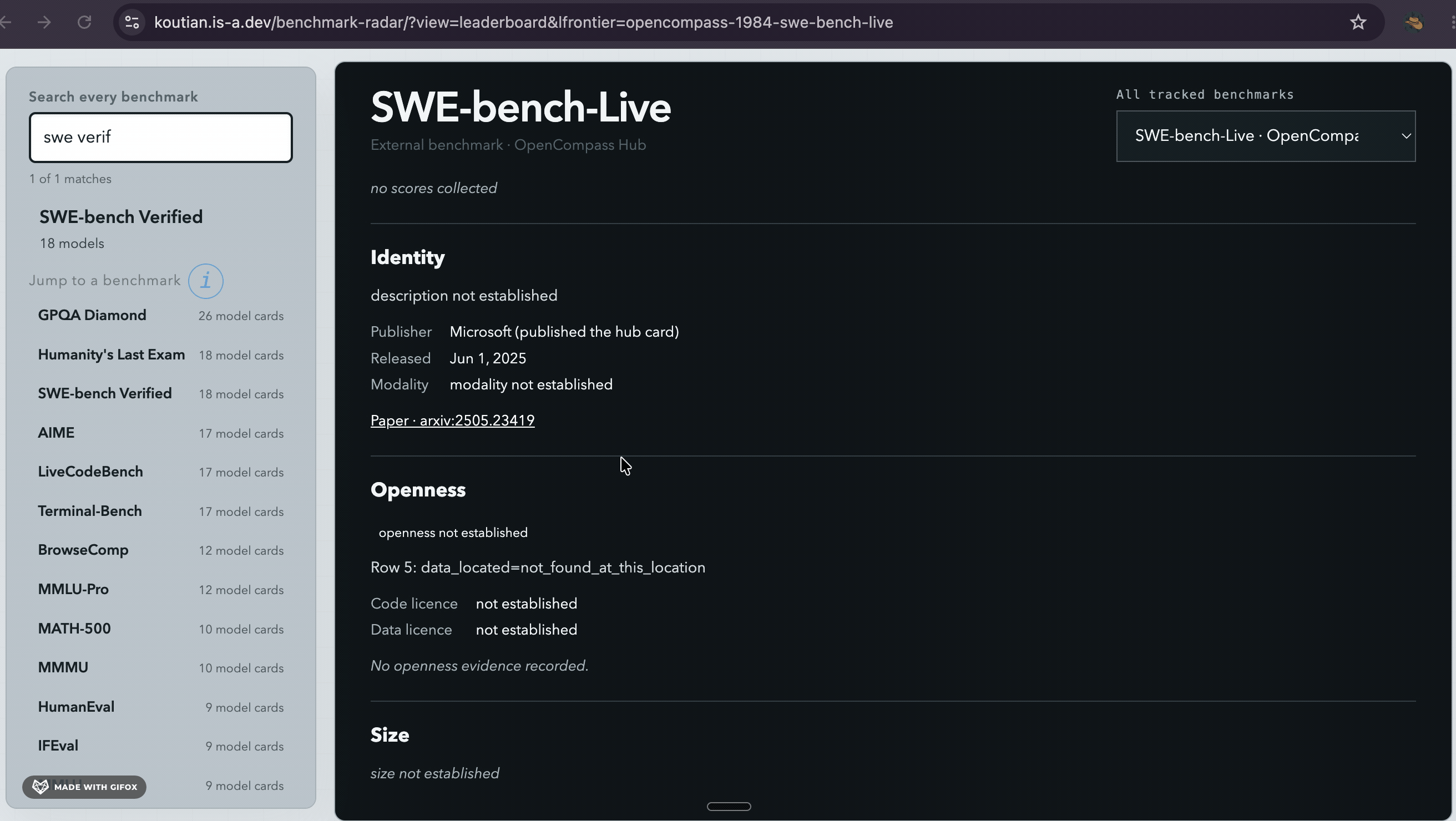 Animated demo of searching for SWE-bench Verified and viewing its model scores over time