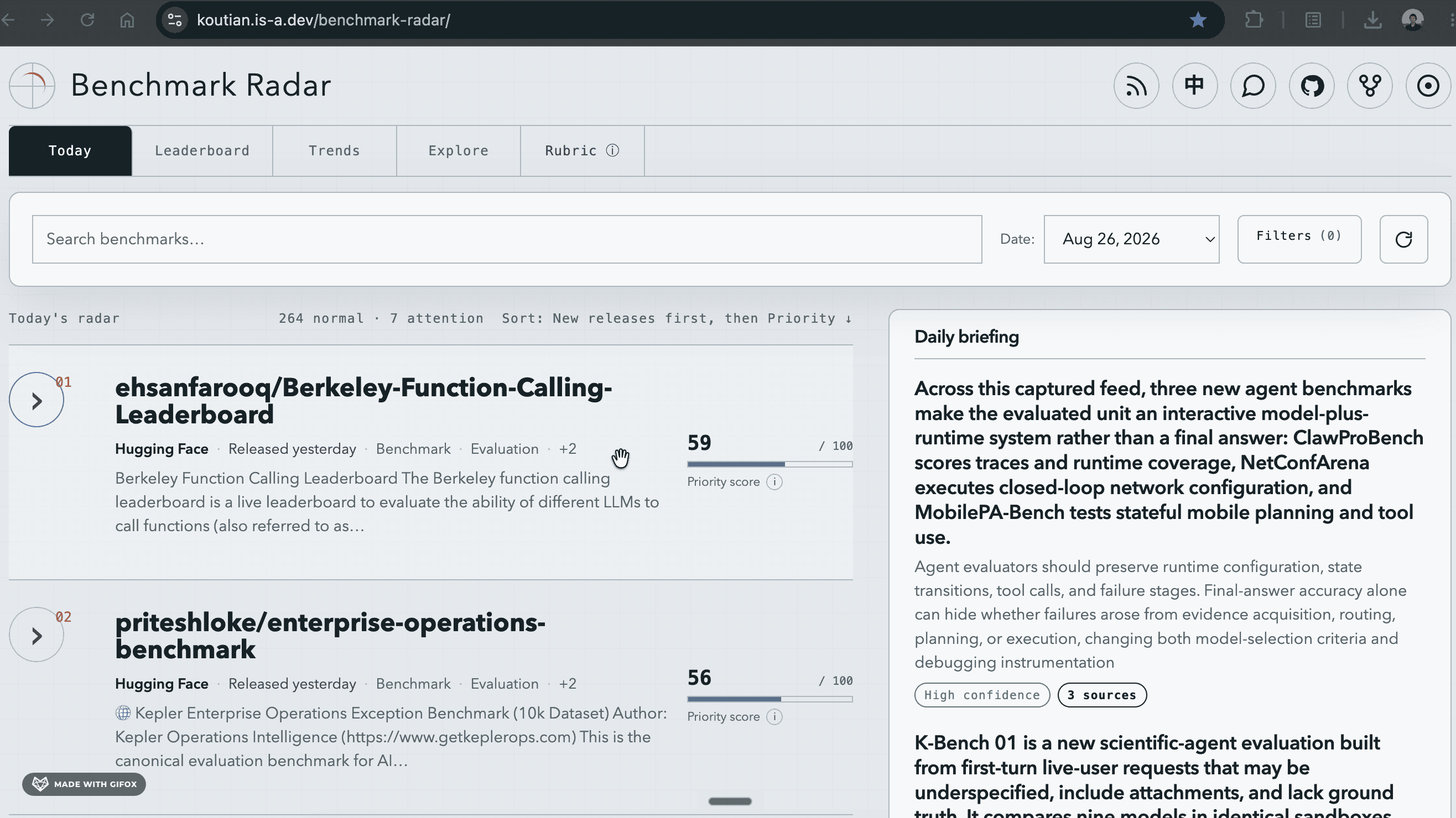 Animated tour of the Today page: the ranked feed of newly found benchmarks and the daily briefing with its cited evidence