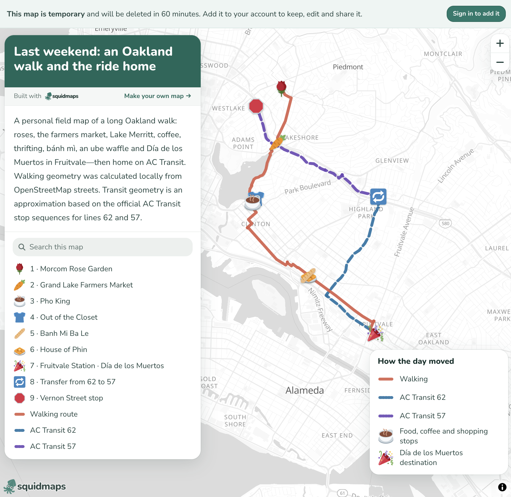 The first squidmaps rendering of an Oakland walk, with walking and transit routes, nine stops, and a legend