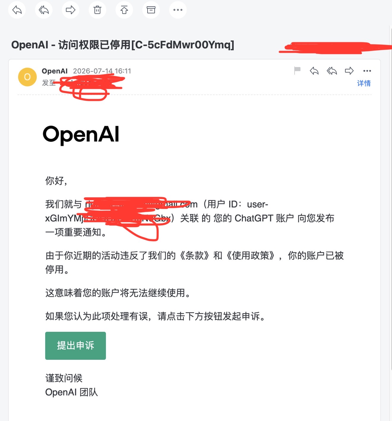 OpenAI 封号邮件