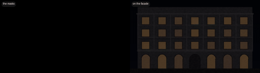 masks running over the windows of a facade, and the same on the facade