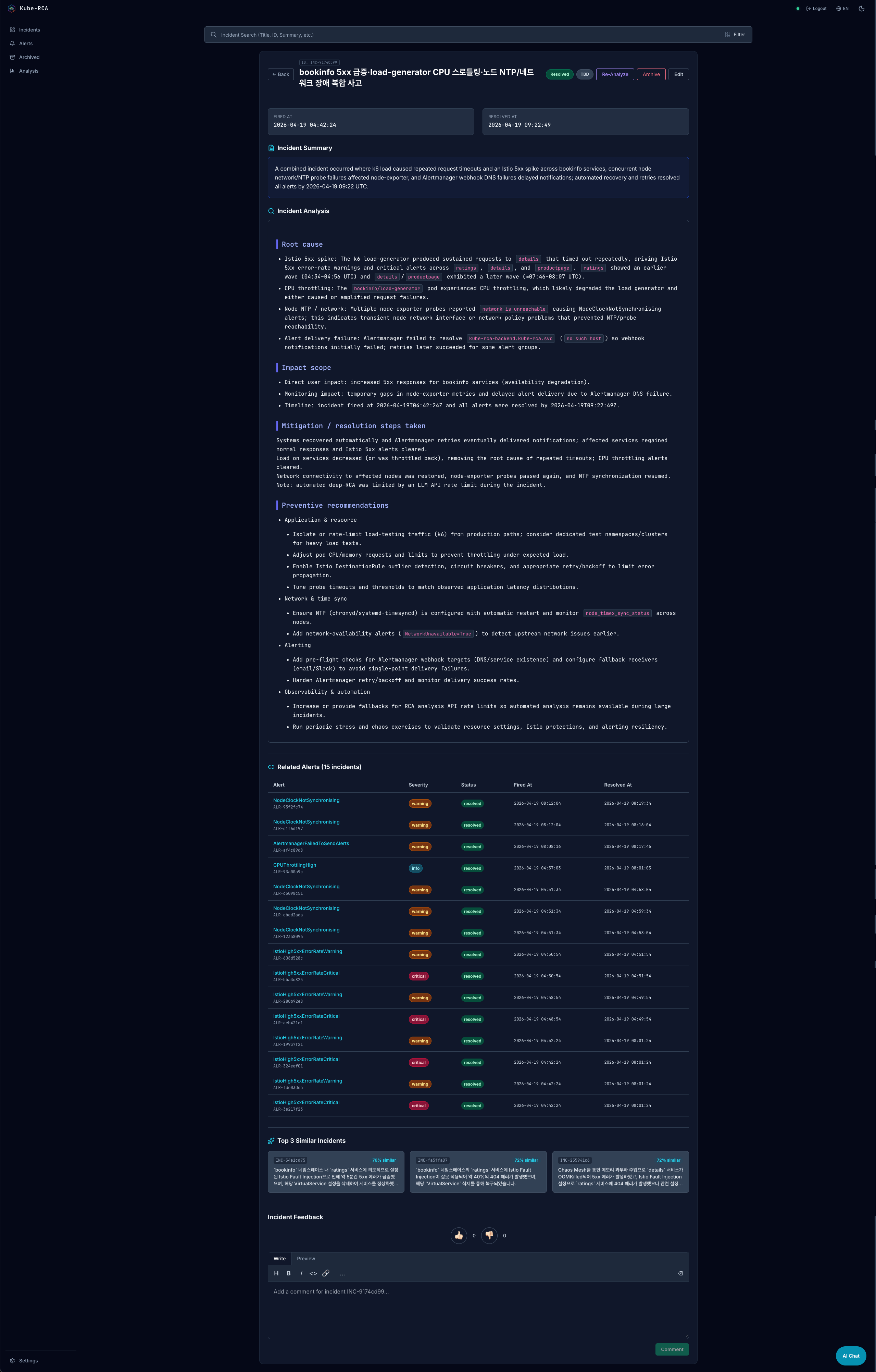 KubeRCA Incident detail with full RCA report