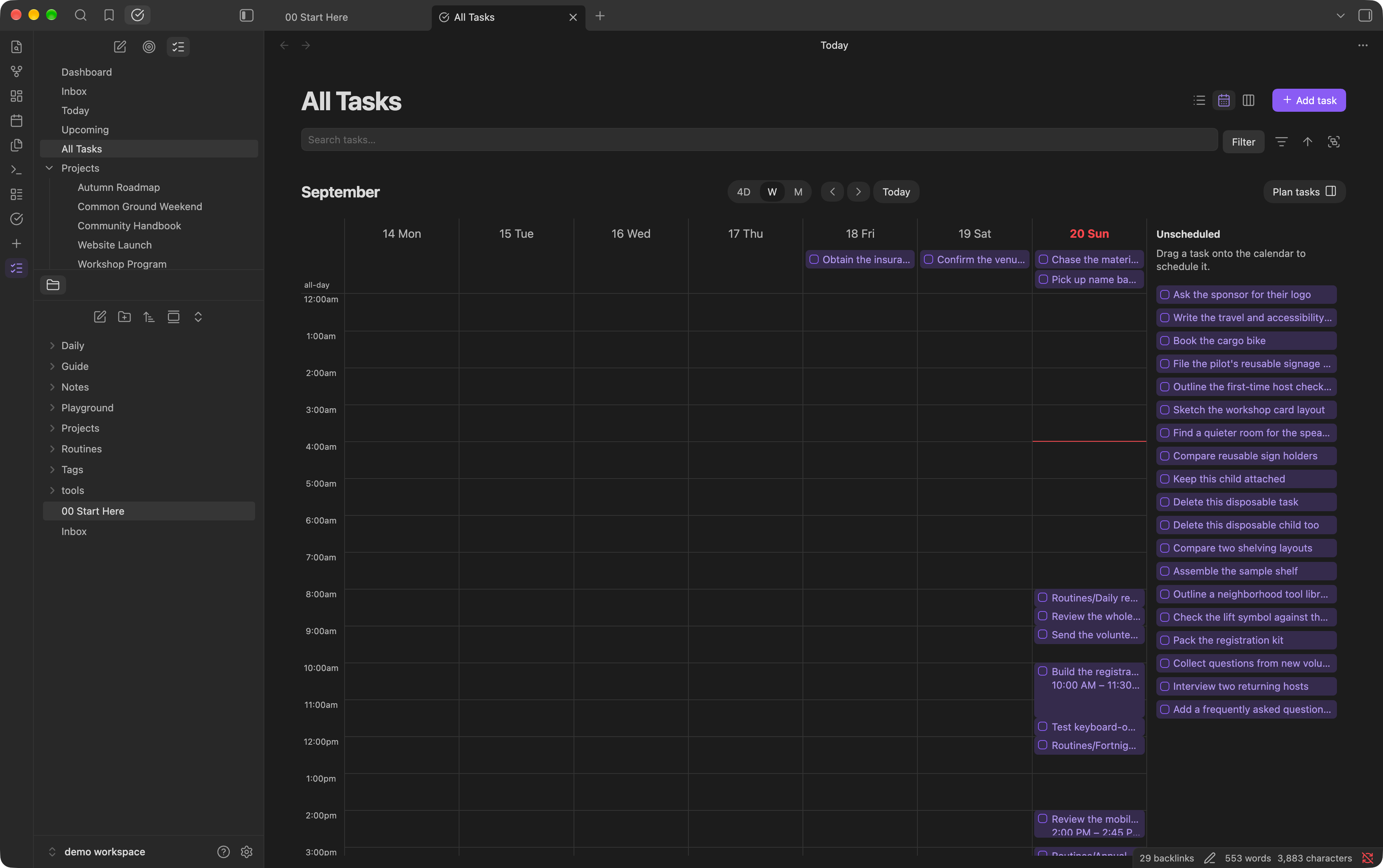 Weekly calendar with timed tasks and the unscheduled task planning sidebar