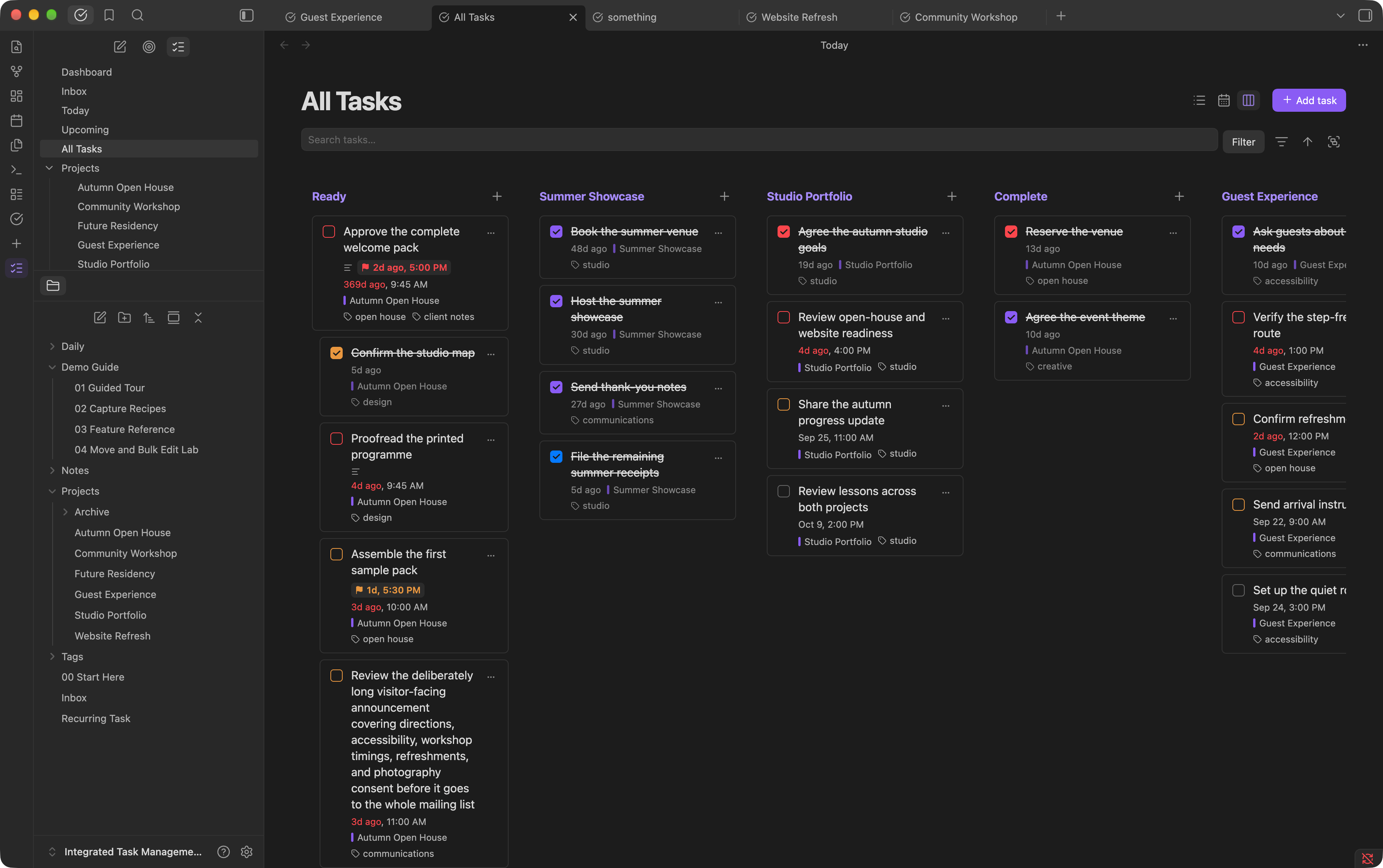 Kanban board with tasks organized into note sections