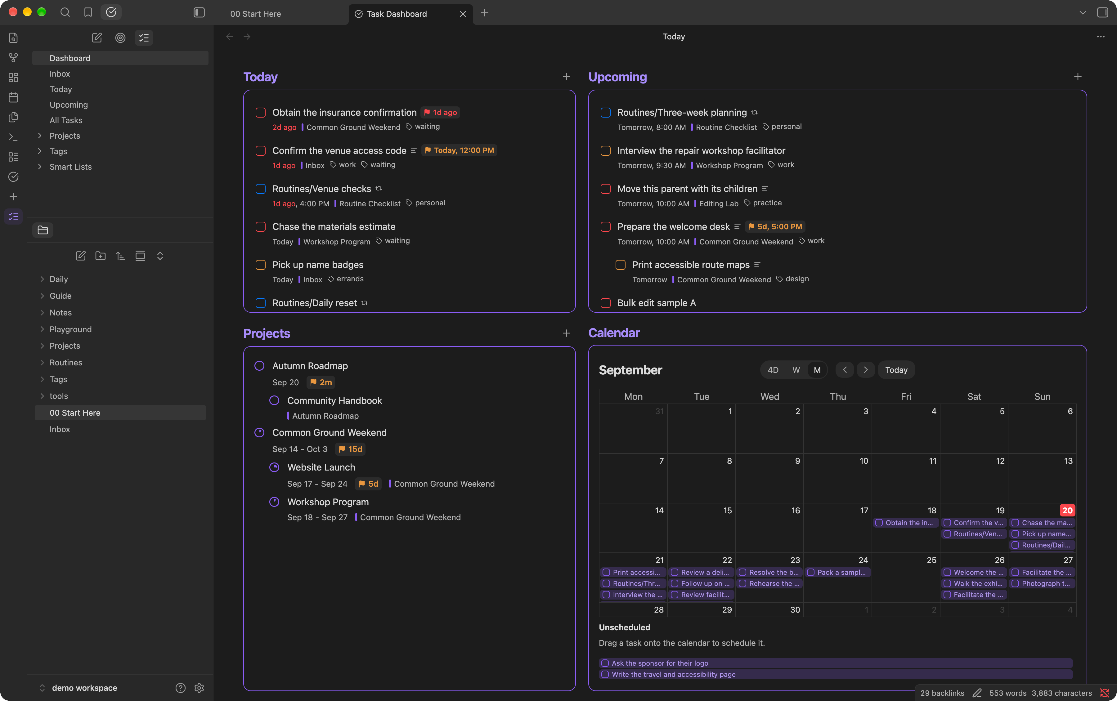Dashboard showing Today, Upcoming, Projects, and Calendar