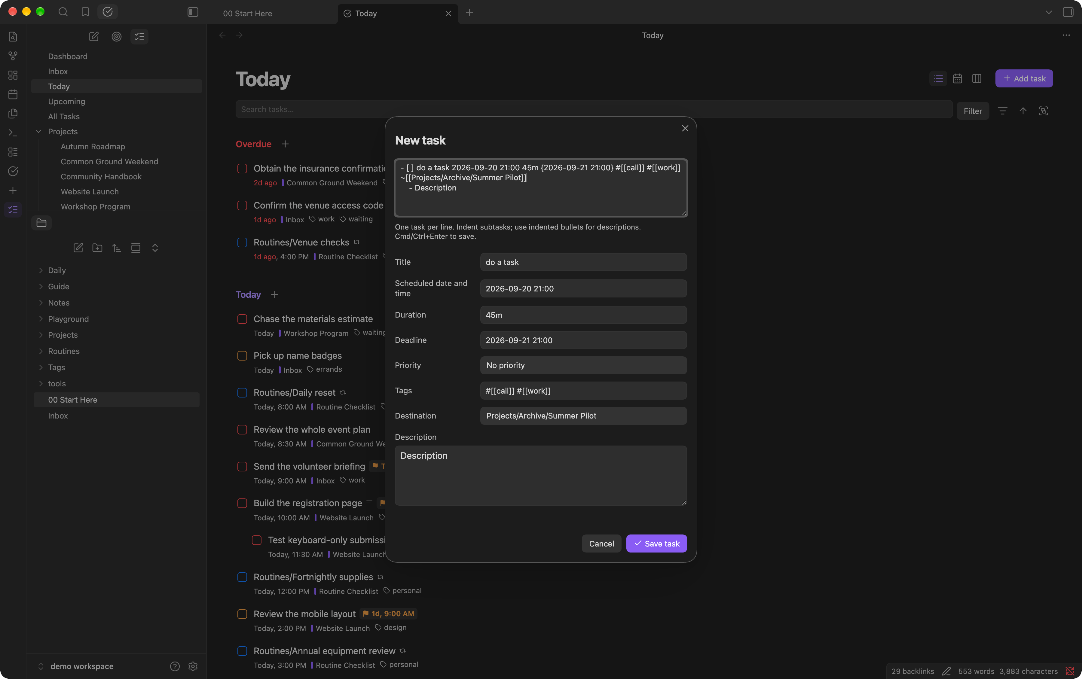 New task editor with scheduling, duration, deadline, priority, tags, destination, and description fields